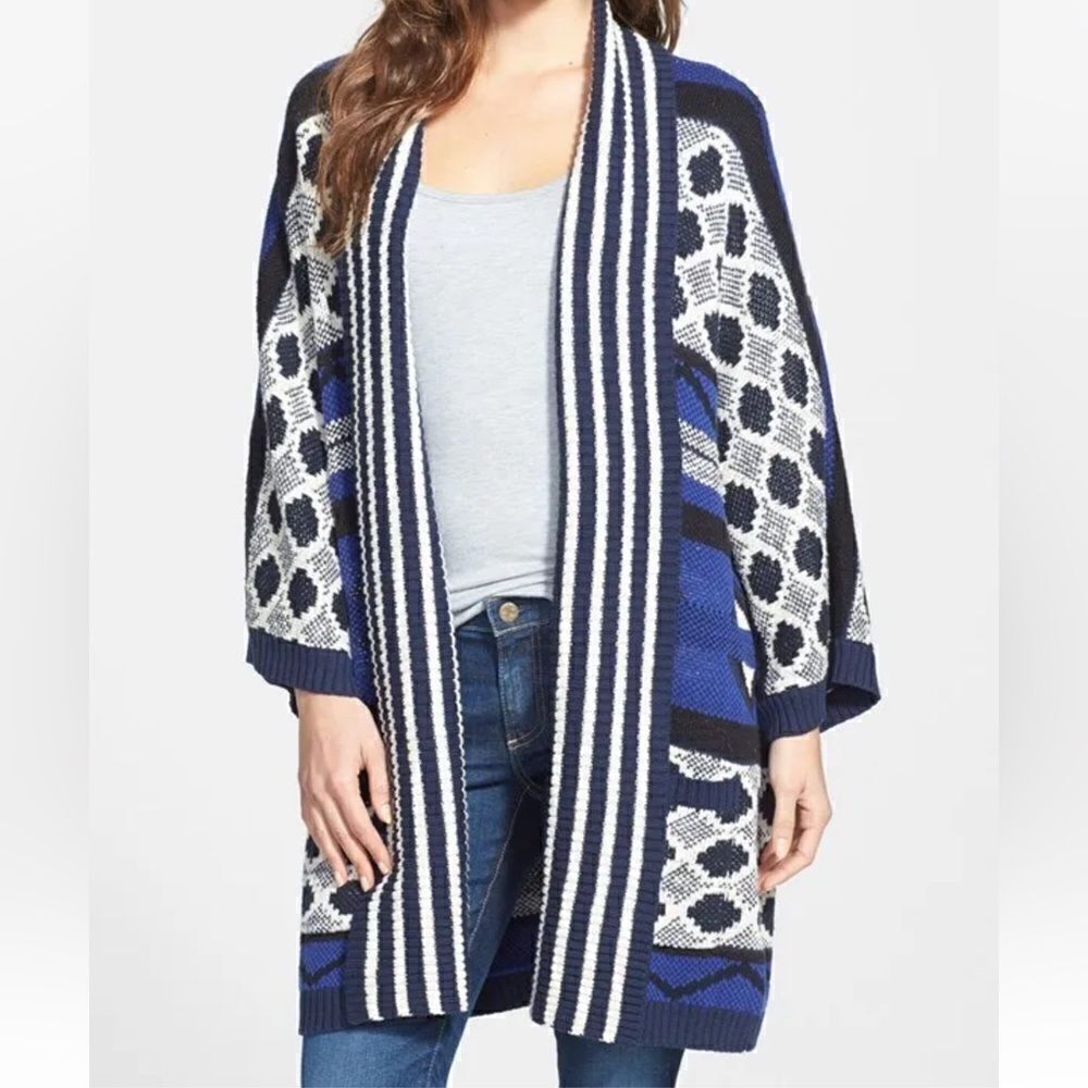 Lucky Brand Blue/Black Open‎ Front Boho Cardigan - M - Picture 2 of 14
